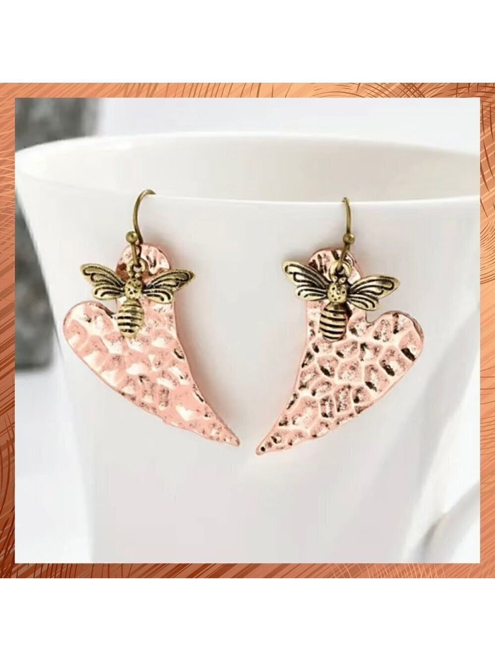 Boho Layered Heart and Bee Earrings - Multicolor Metal Hammered Copper #1110